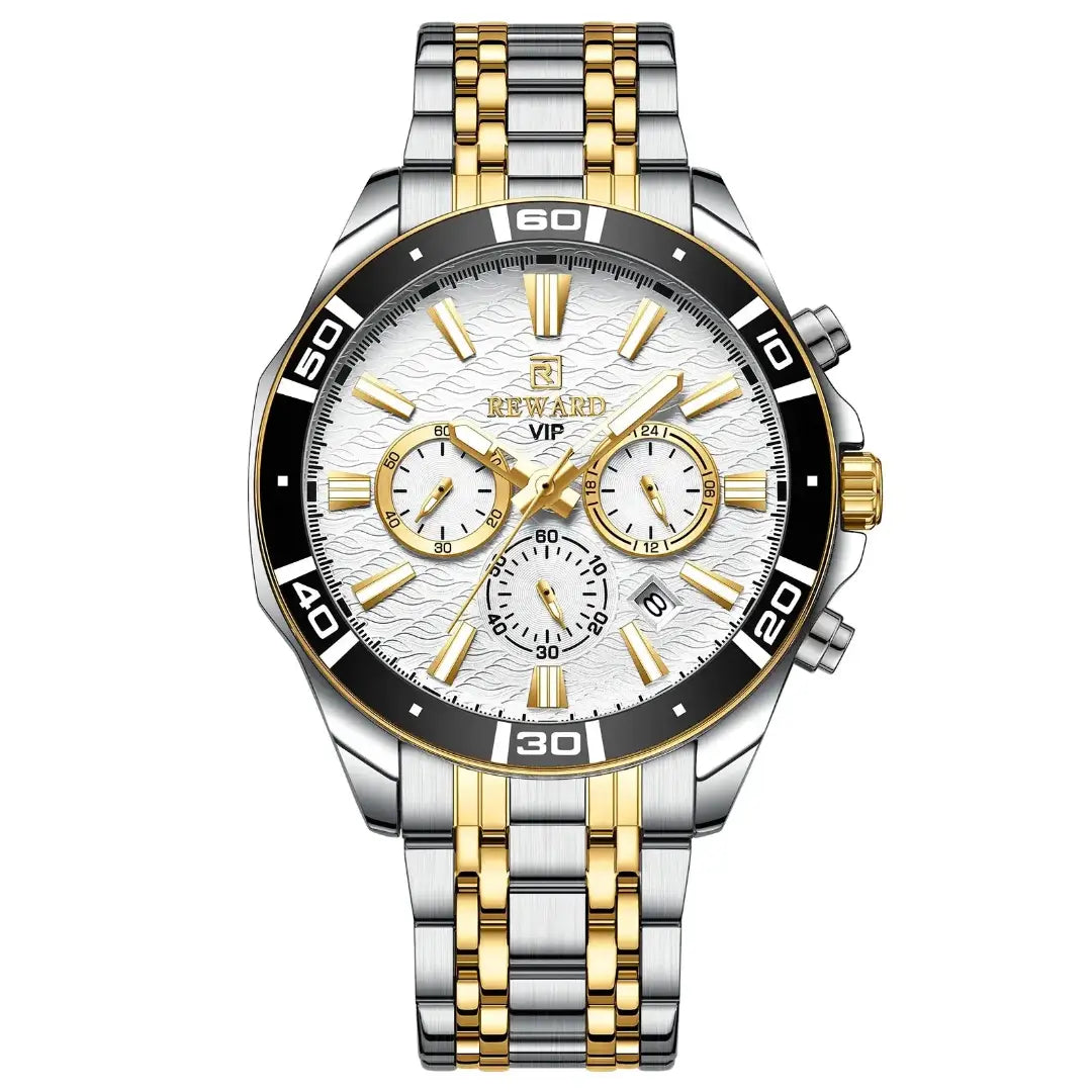 Relógio masculino REWARD VIP dourado com acabamento em aço e detalhes luxuosos sobre fundo branco