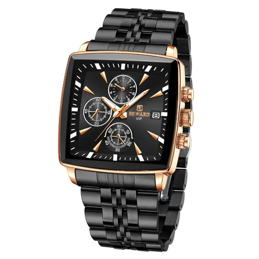 Relógio masculino sofisticado com tons de cor preto, caixa feita em aço na cor dourado com detalhes e mostrador na cor preta com índices e ponteiros dourado 