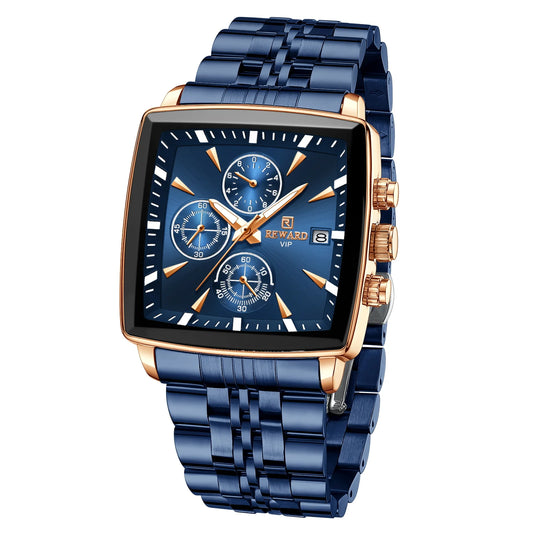 Relógio masculino estilo social elegante reward vip com formato da caixa quadrado na cor azul Marinho com dourado sua pulseira é feita em aço com tons de cor azul profundo elegante.