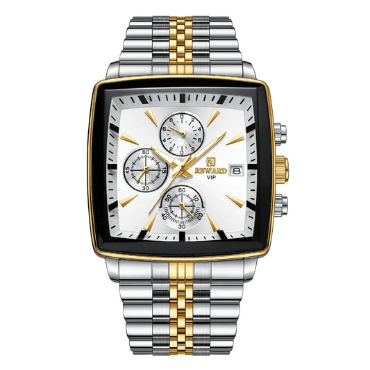 relógio masculino social reward vip monaco com formato da caixa quadrado, mostrador branco, pulseira prata com dourado e mecanismo quartzo.  