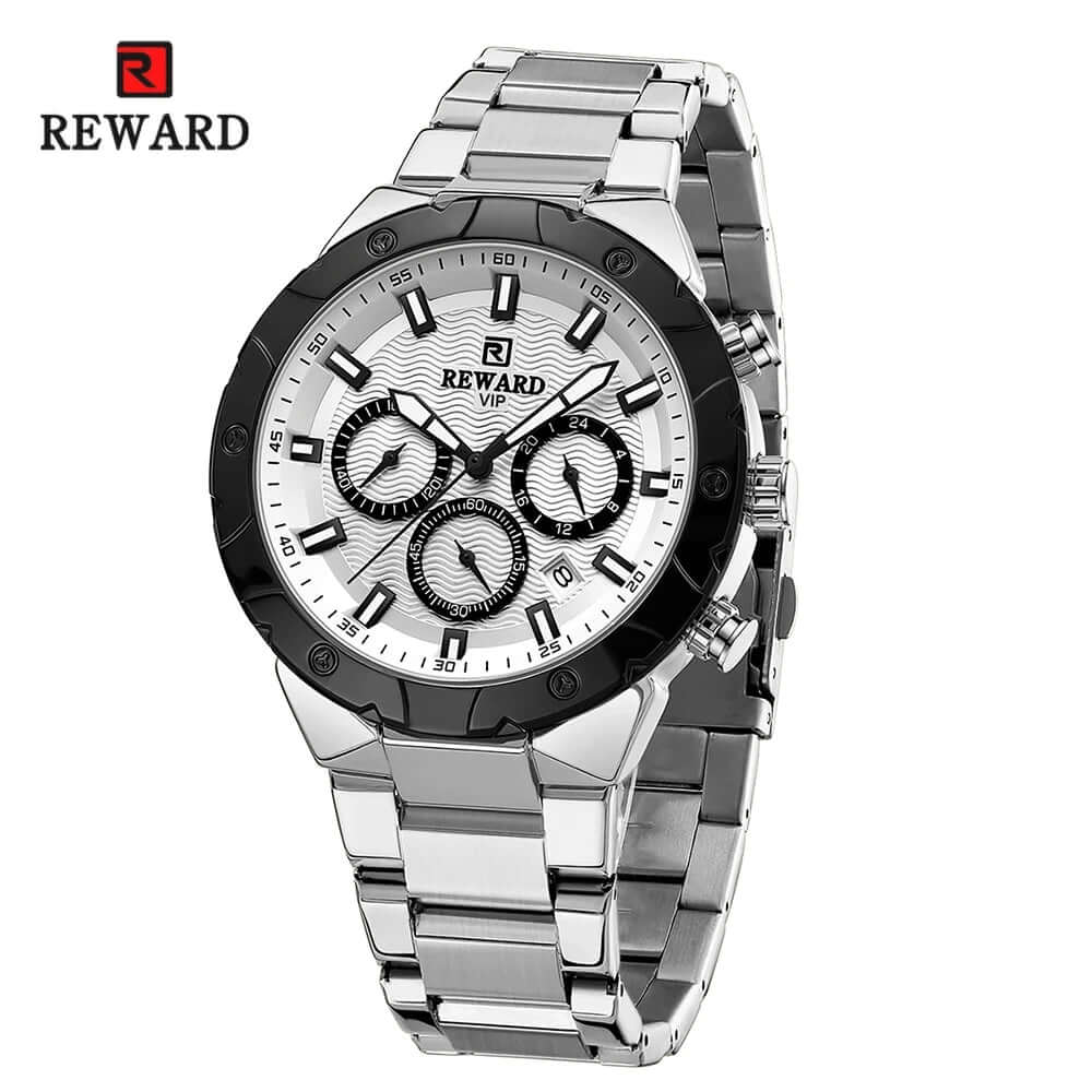 Relógio masculino REWARD VIP Legacy com pulseira de aço inoxidável prateada e mostrador branco com cronógrafos.