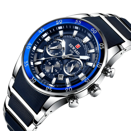 Descubra o REWARD VIP Cronos: relógio masculino prata com mostrador azul marcante e pulseira híbrida de aço e silicone. Sofisticação, conforto e estilo em cada detalhe.