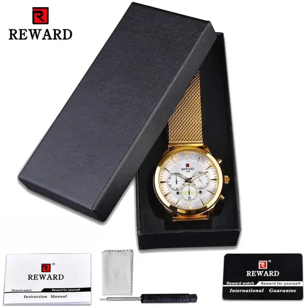 caixa do relógio masculino reward vip dourado linéar.
