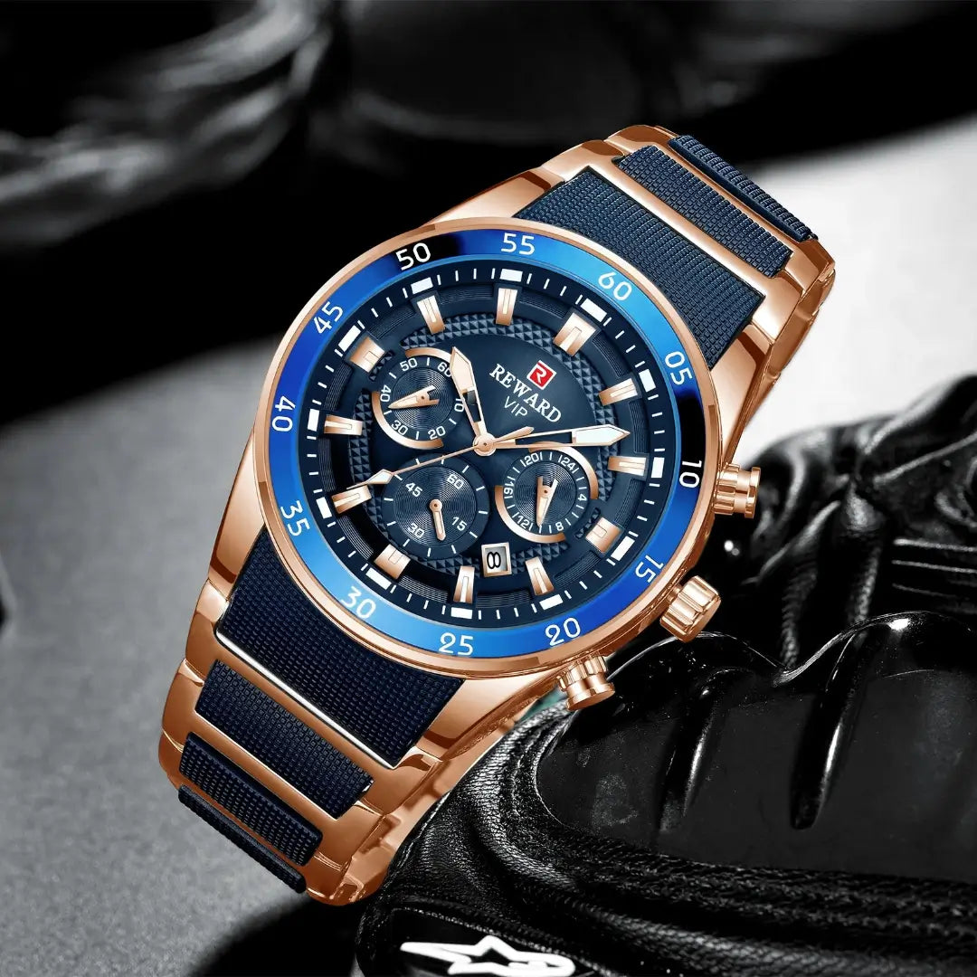 Relógio masculino REWARD VIP com mostrador azul, cronógrafos funcionais e caixa em ouro rosé. Estilo esportivo de luxo com design imponente.