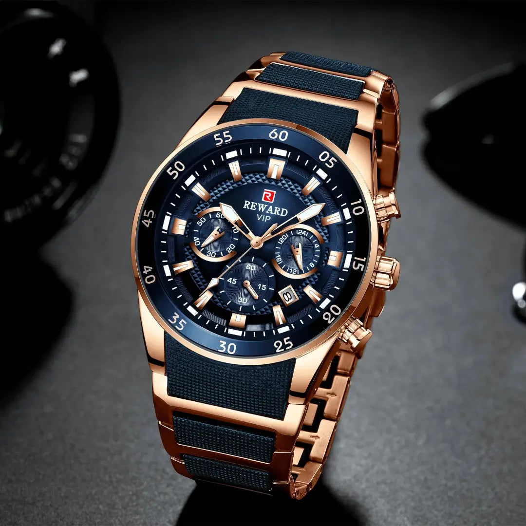 Relógio masculino REWARD VIP com mostrador azul, cronógrafos funcionais e caixa em ouro rosé. Estilo esportivo de luxo com design imponente.
