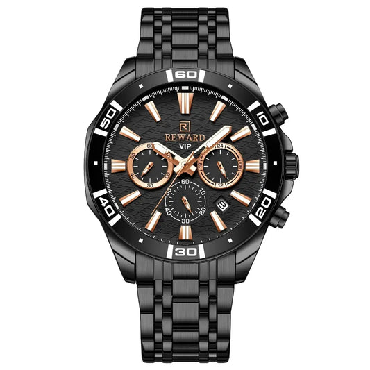 relógio masculino reward vip essence preto destacadando seus indices na cor dourada levemente sofisticada