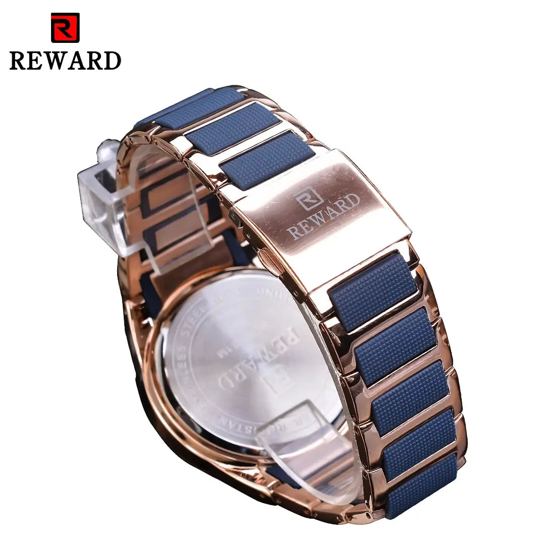 Fecho metálico do relógio masculino REWARD VIP com acabamento em ouro rosé e detalhes em azul, destacando sofisticação e design exclusivo.