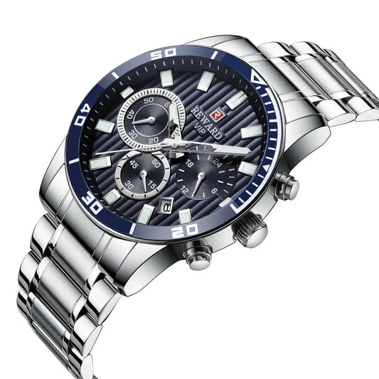 Detalhe do mostrador azul com cronógrafo – relógio masculino elegante