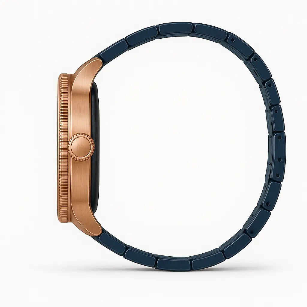 Relógio casual masculino azul com caixa rose gold e pulseira azul Reward VIP Heritage visto na lateral