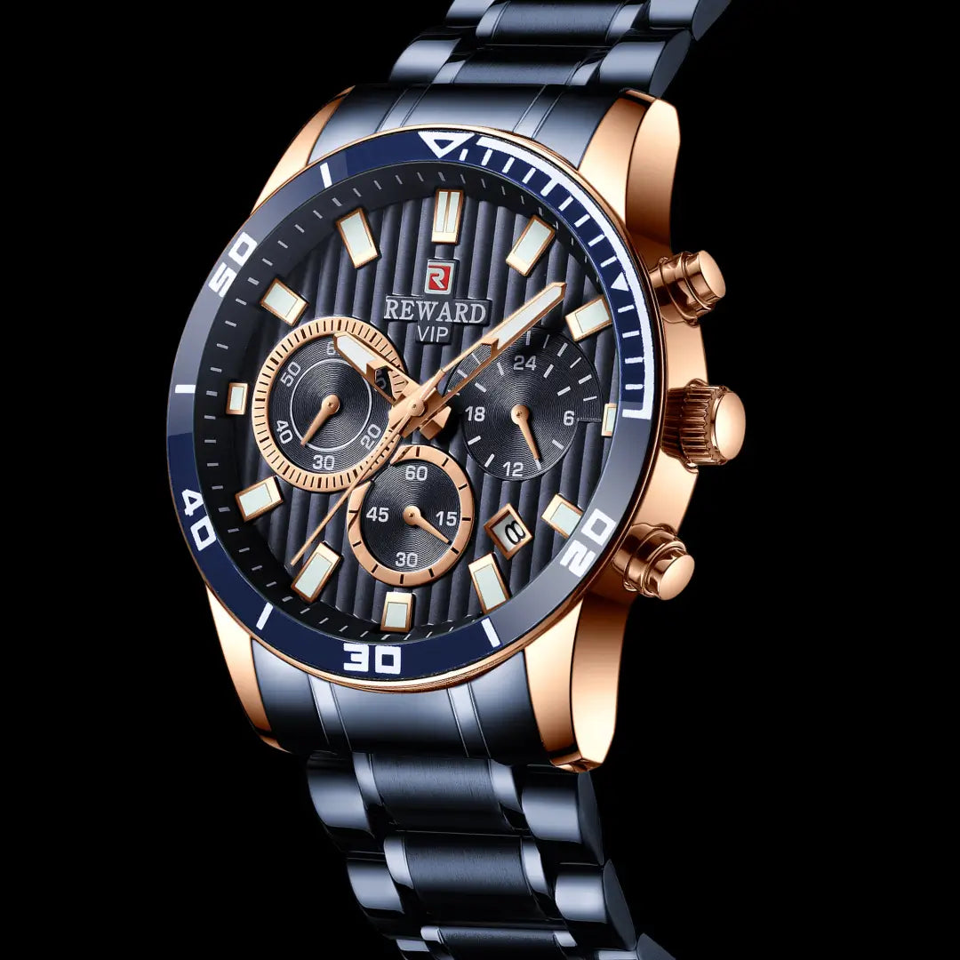 Relógio casual masculino azul com cronógrafo Reward VIP Aurion 44mm vista em ângulo de 3/4