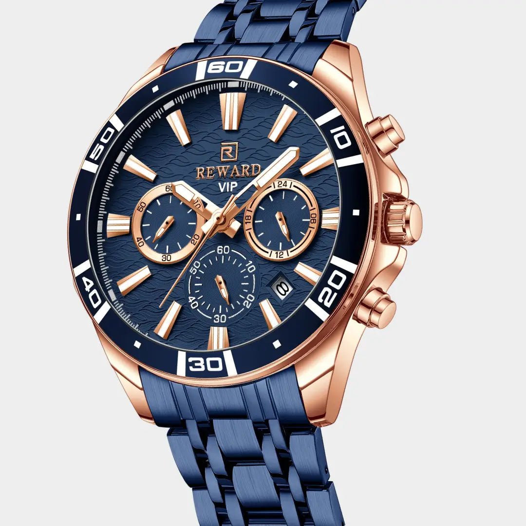 Relógio casual masculino azul com detalhes em ouro rosa Reward VIP Essence 44mm visto em ângulo de 3/4