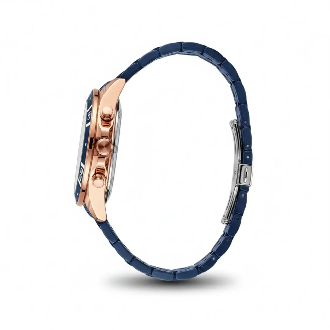 Relógio casual masculino azul com detalhes em ouro rosa Reward VIP Essence 44mm com vista total da lateral completa do relógio