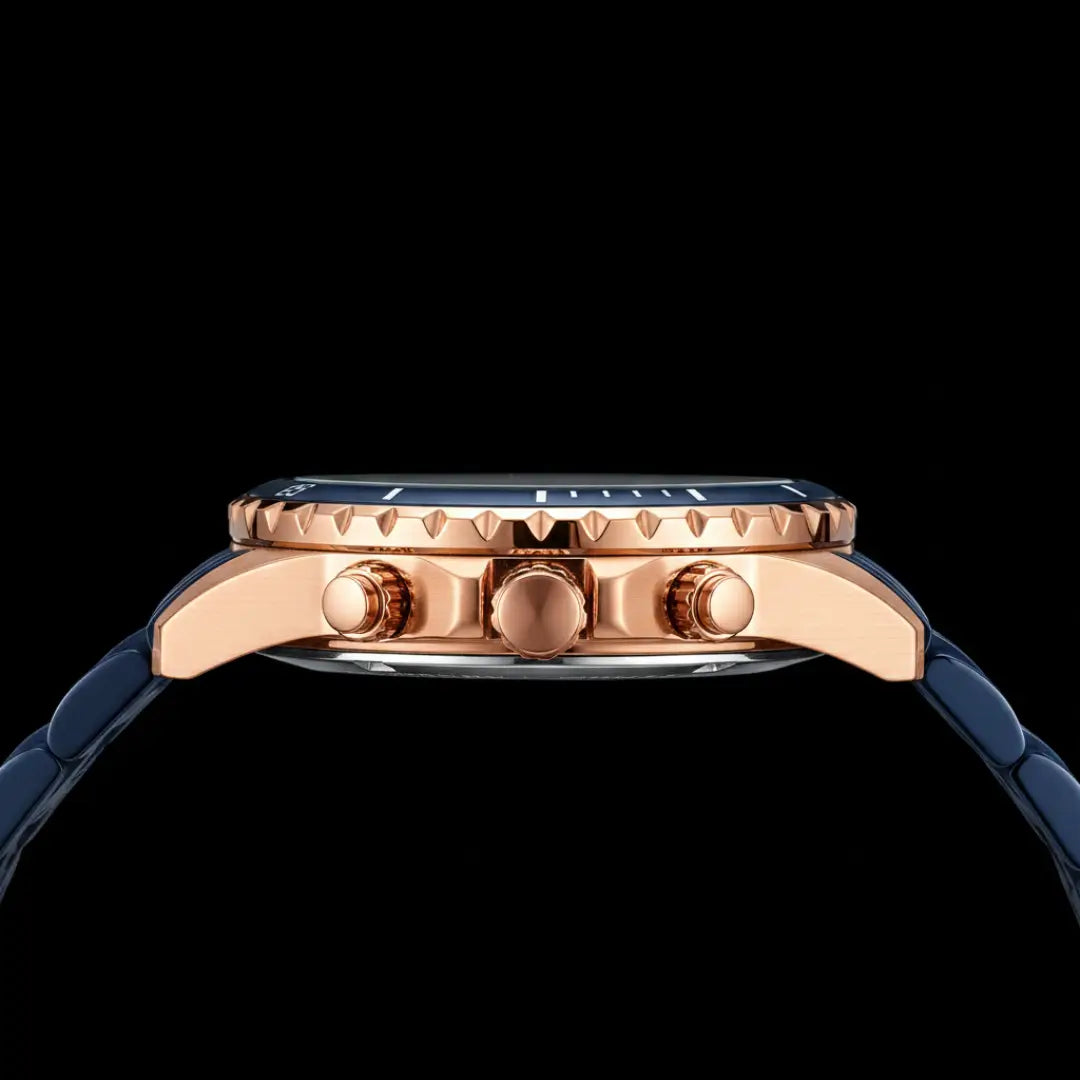 Relógio casual masculino azul Reward VIP Essence 45mm com bisel canelado com vista lateral da caixa