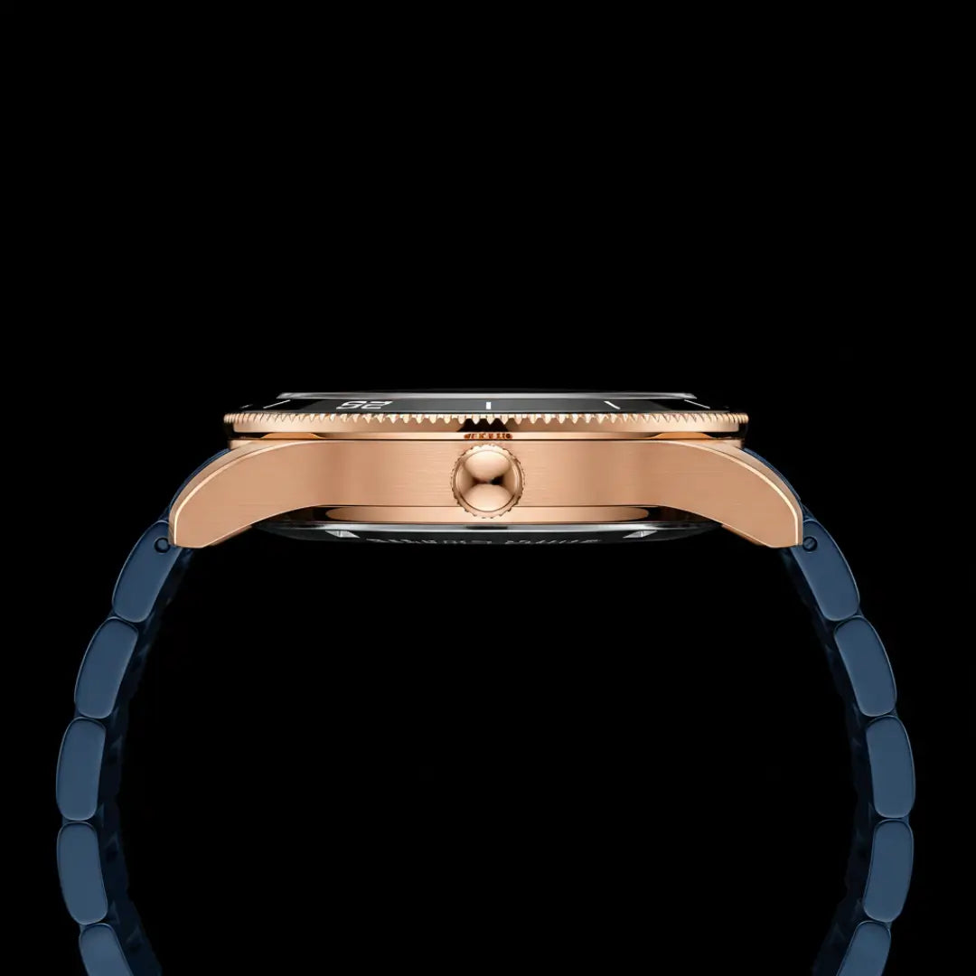 Relógio casual masculino azul Reward VIP Heritage 42mm com pulseira de aço vista da coroa