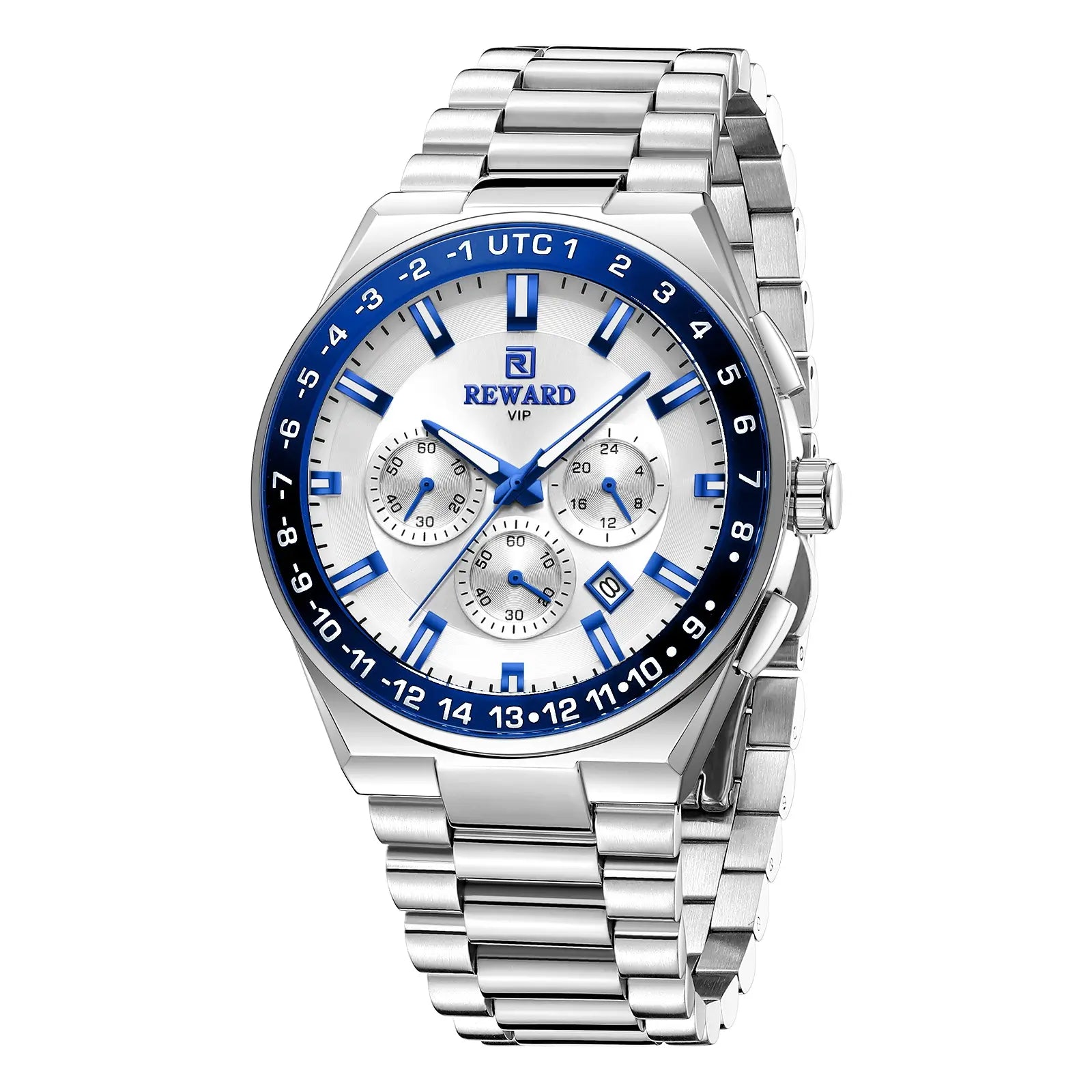 Relógio casual masculino azul Reward VIP Navigator Master visto da lateral destacando seu bisel azul profundo e mostrador