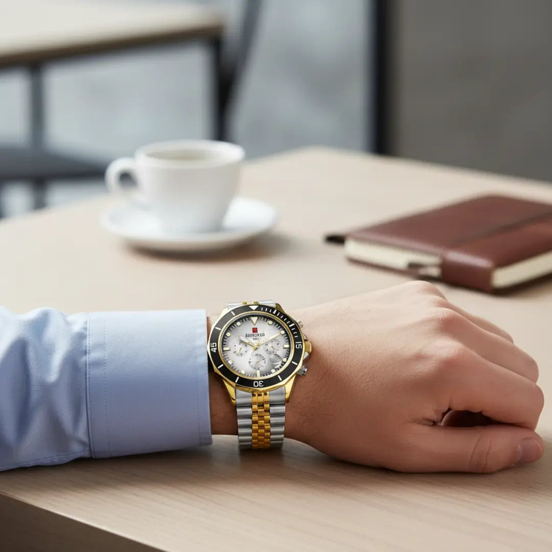 Relógio casual masculino bicolor Atlas em ambiente de café, destacando uso no dia a dia
