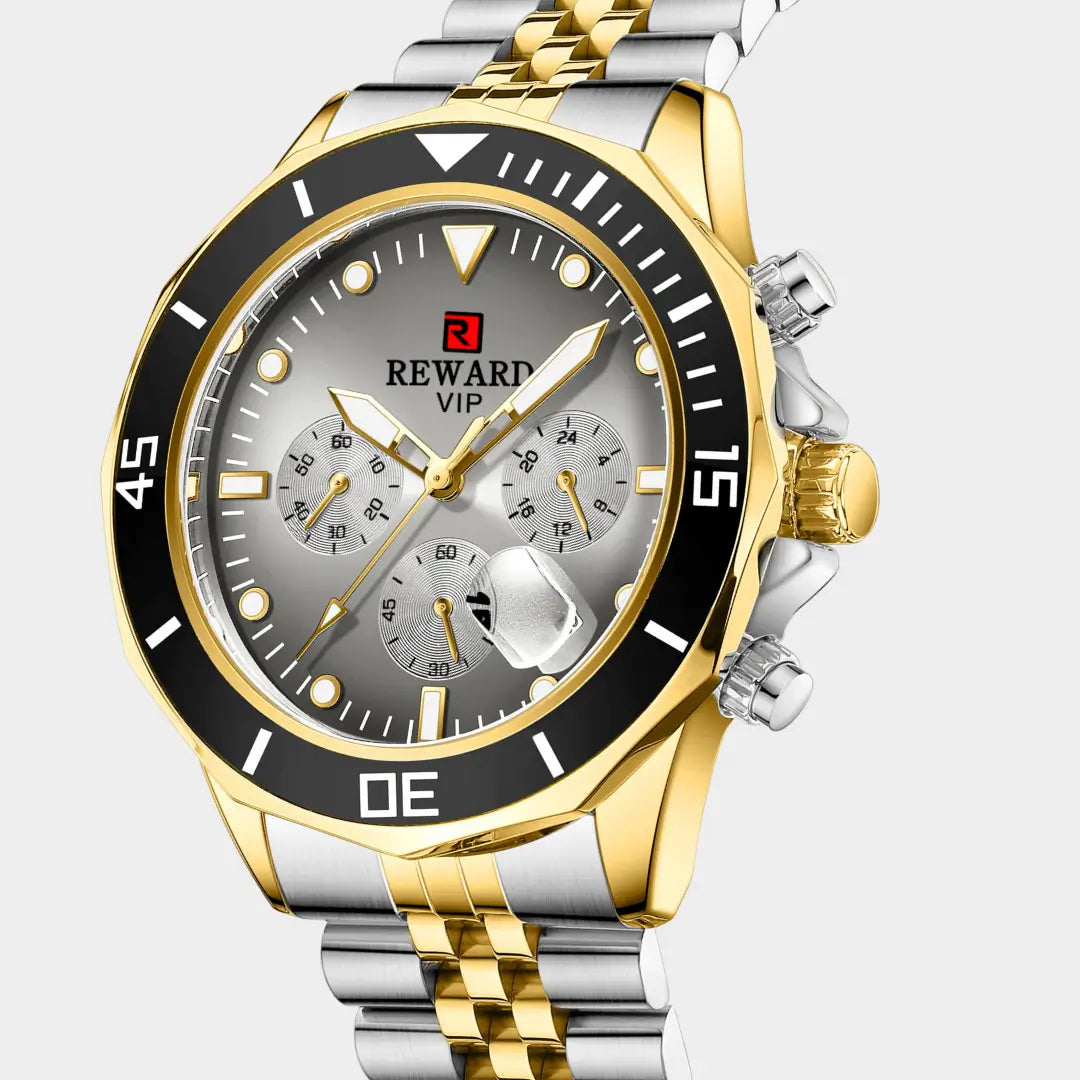 Relógio casual masculino bicolor Atlas visto em ângulo 3/4, destacando a caixa