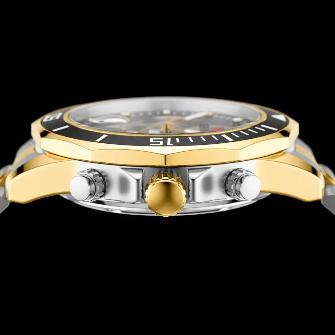 Vista lateral da caixa do relógio casual masculino bicolor Atlas