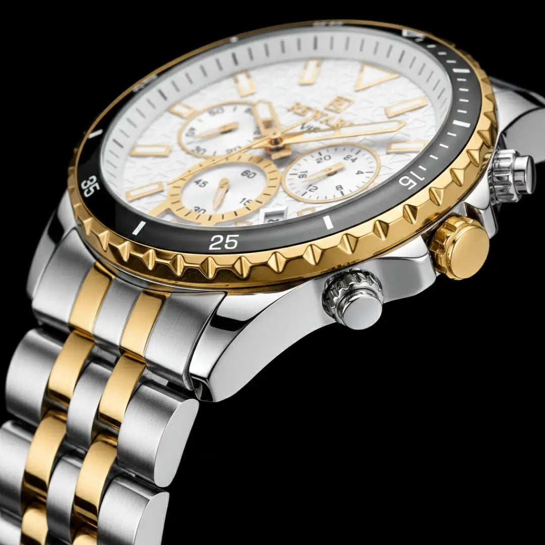 Relógio casual masculino prata com dourado Reward VIP Essence 45 mm com bisel canelado vista do cristal