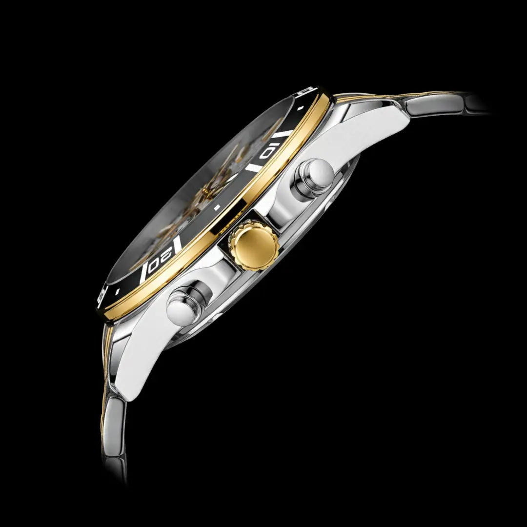 Relógio casual masculino bicolor Reward VIP Essence 44mm visto em ângulo lateral da caixa