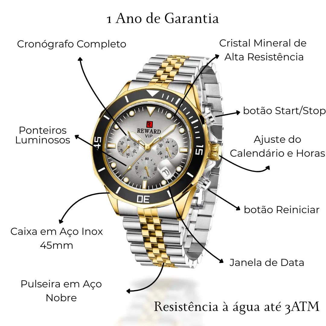 Relógio casual masculino bicolor Reward VIP Atlas com foco em suas características