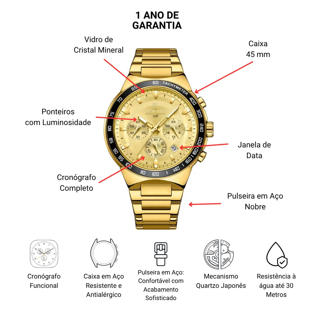 Relógio Masculino Casual Dourado Magnus 45 mm