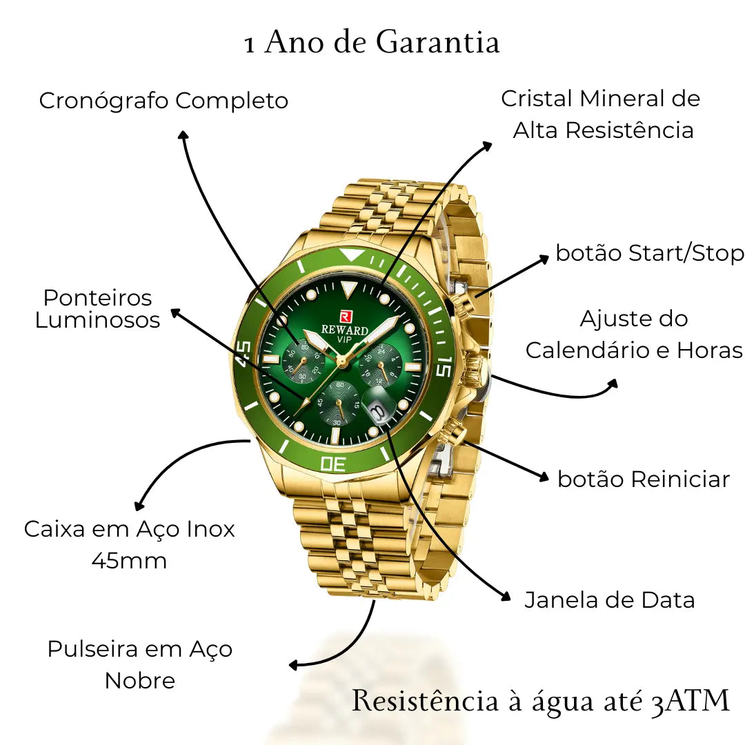 Relógio casual masculino dourado Reward VIP Atlas com suas características destacada