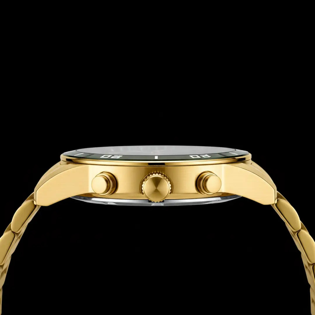 Relógio casual masculino dourado com mostrador verde e cronógrafo Reward VIP Aurion 44mm  vista da caixa em aço