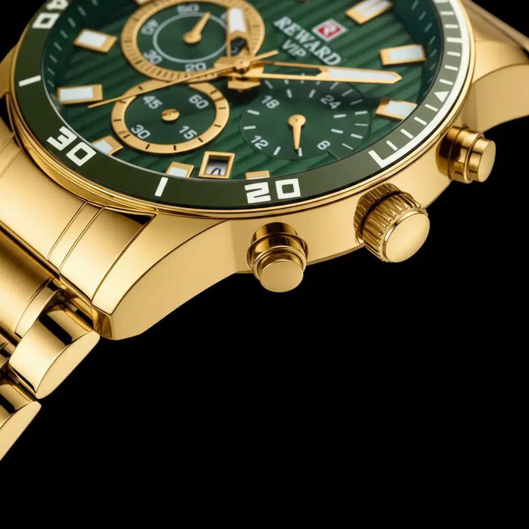 Relógio casual masculino dourado com mostrador verde e cronógrafo Reward VIP Aurion 44mm vista da coroa