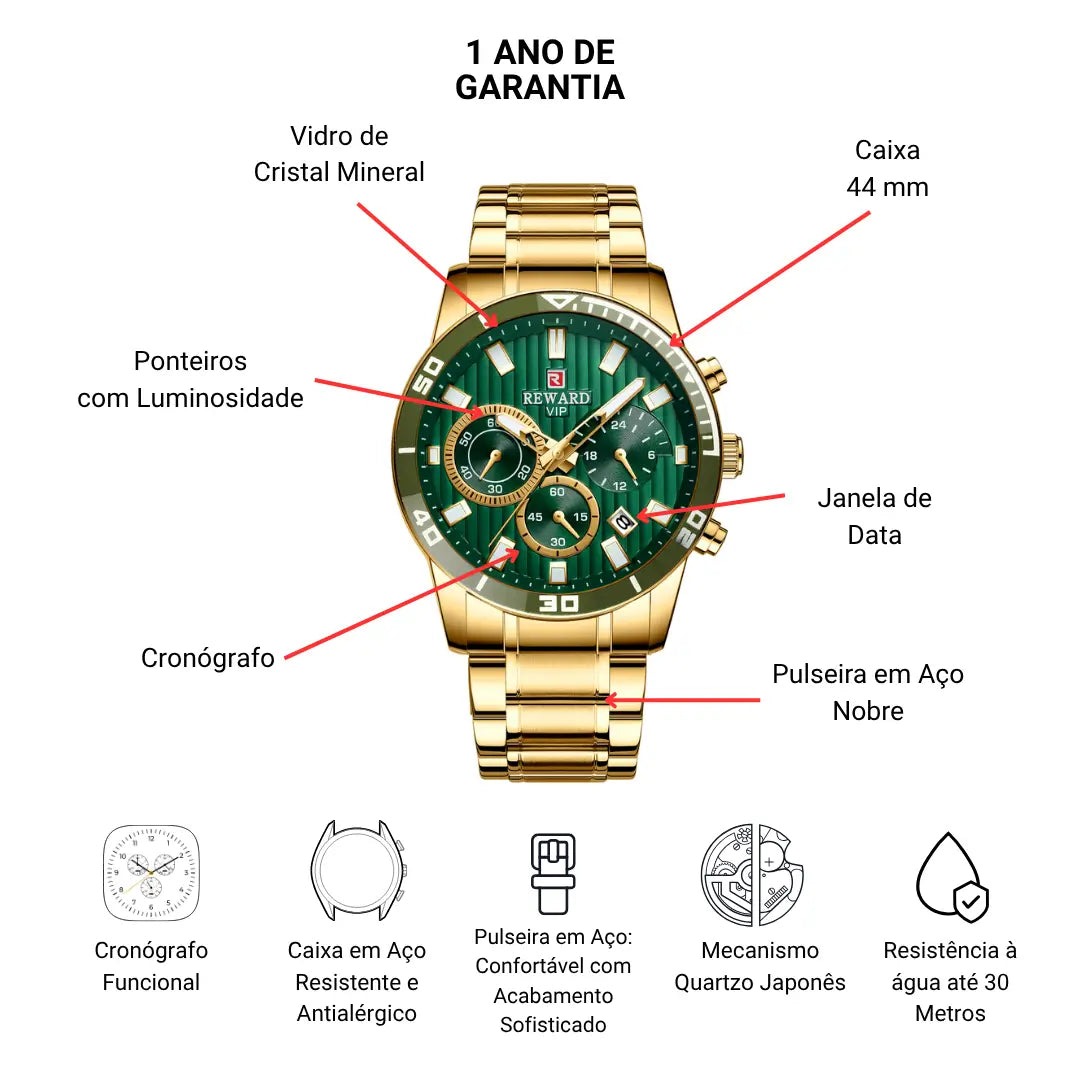 Relógio Masculino Casual Dourado Aurion 44 mm