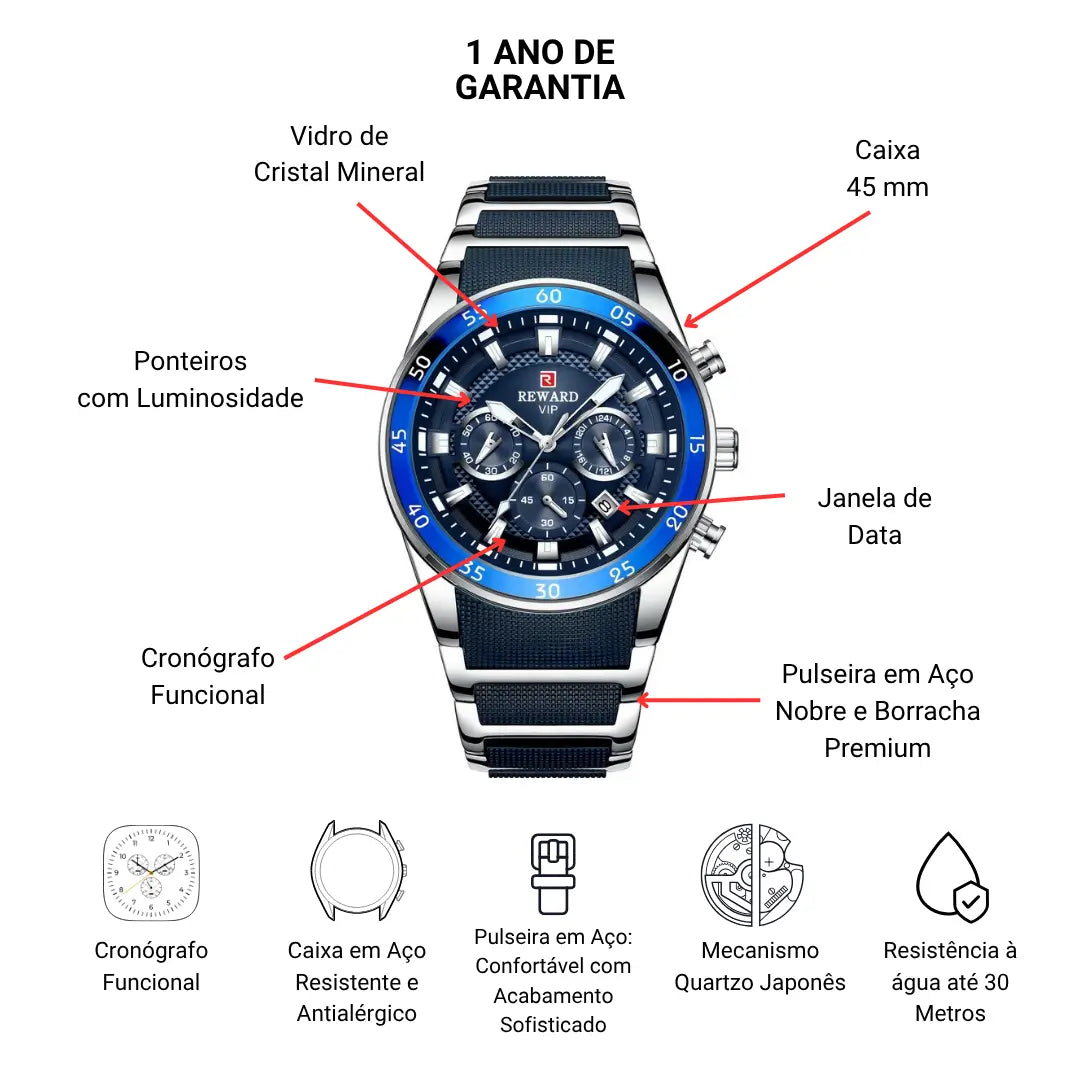 Relógio Masculino Casual Esportivo Cronos Blue 45 mm