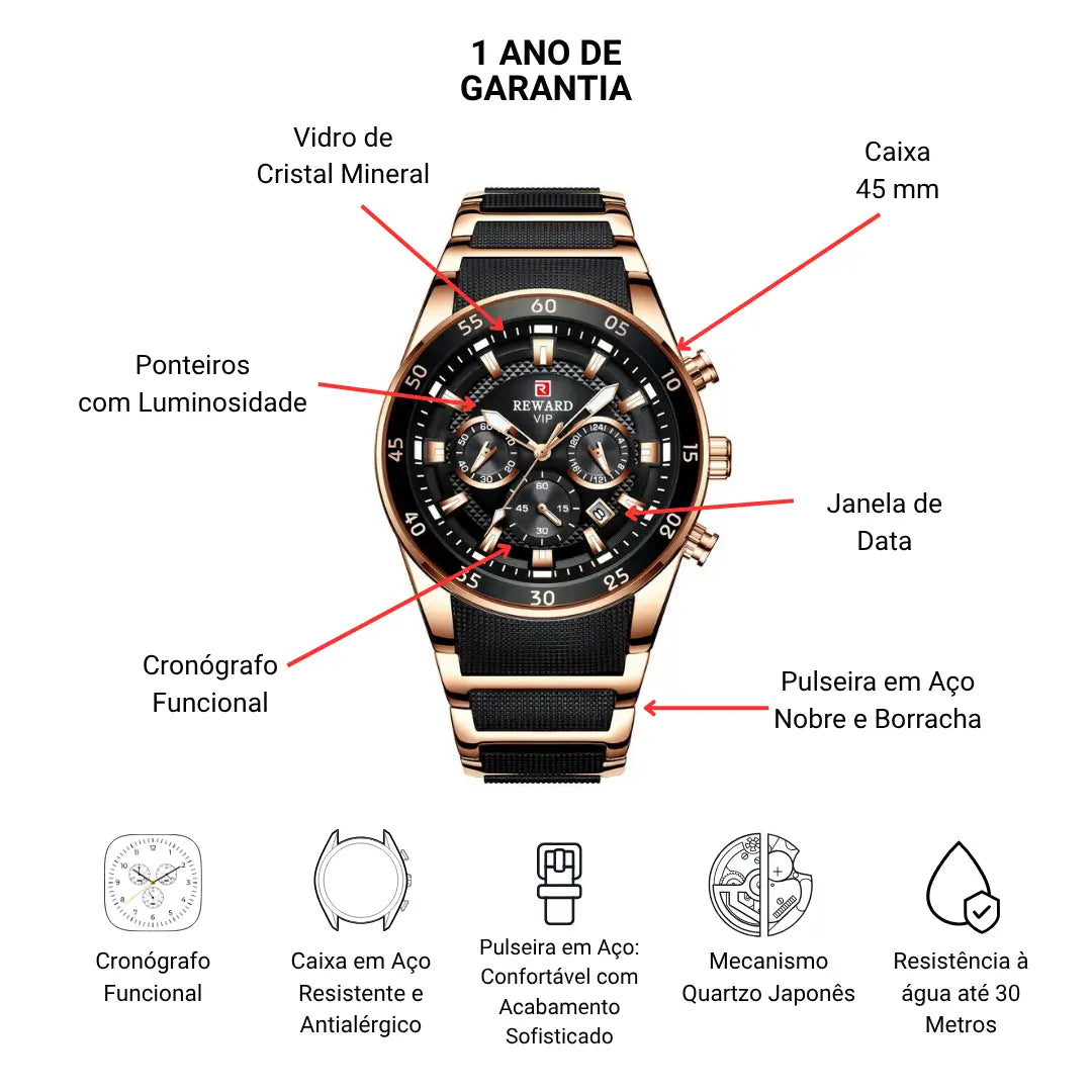 Relógio Masculino Casual Esportivo Cronos Gold 45mm
