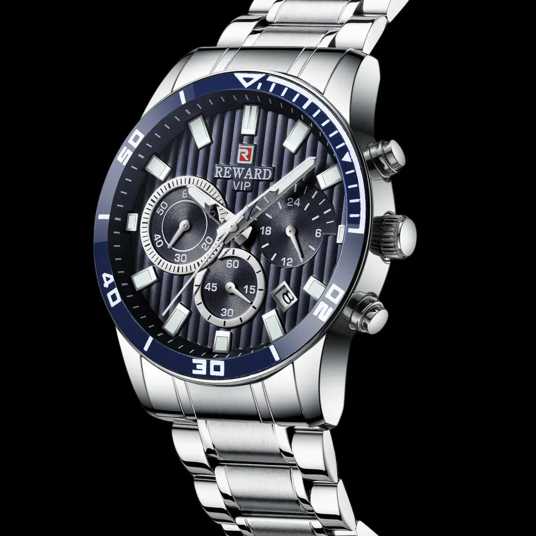 Relógio casual masculino prata com mostrador azul e cronógrafo Reward VIP Aurion 44mm vista em ângulo 3/4