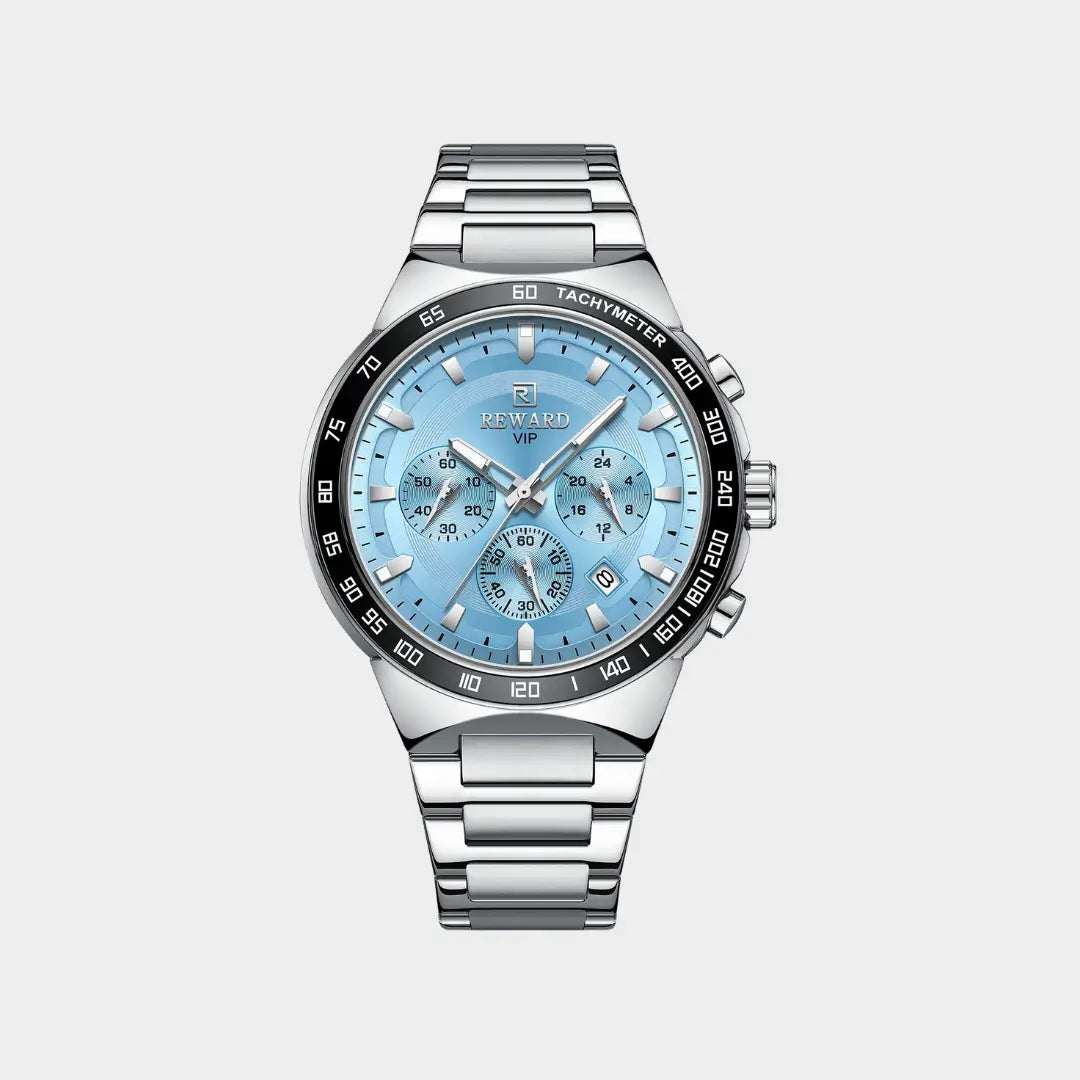 Relógio casual masculino prata com mostrador azul com cronógrafo Reward VIP Magnus 45mm com vista frontal