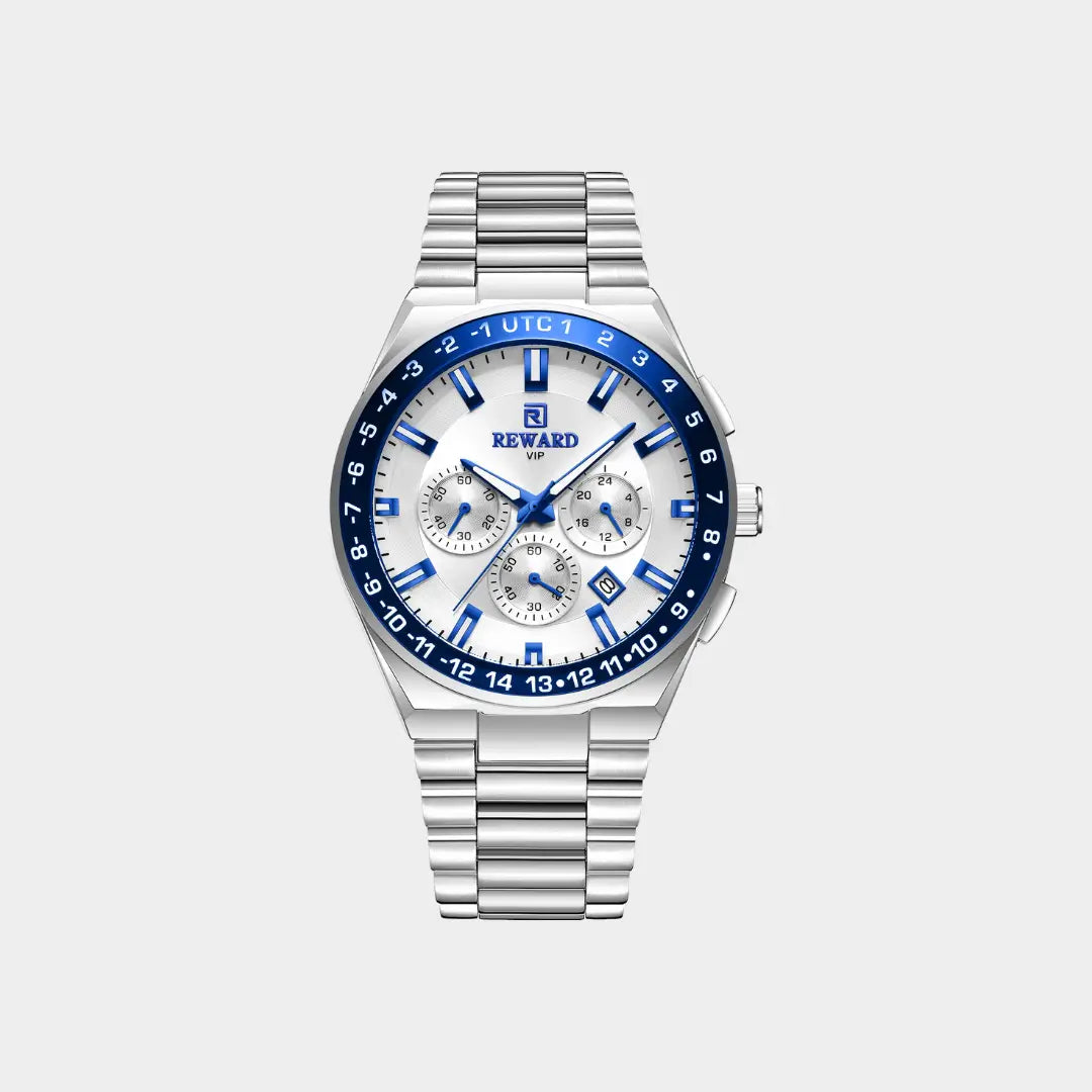 Relógio casual masculino prata Navigator Master com bisel azul e cronógrafo visto de frente