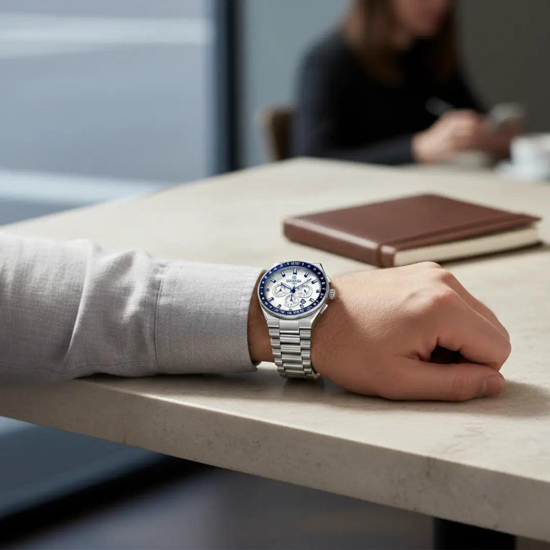 Relógio casual masculino prata Navigator Master 44mm no pulso em abinete profissional