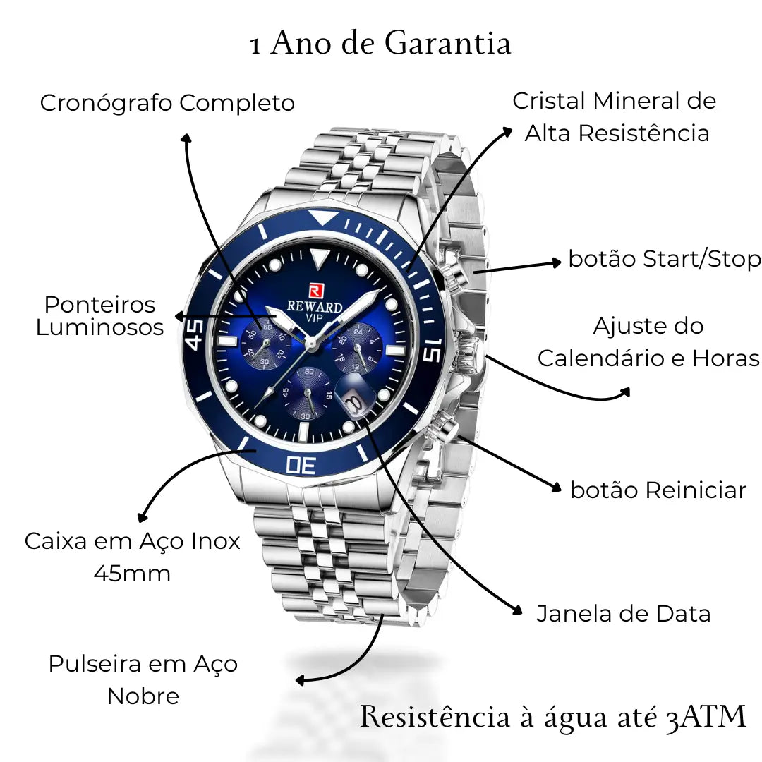 Relógio casual masculino prata Reward VIP Atlas vista das características