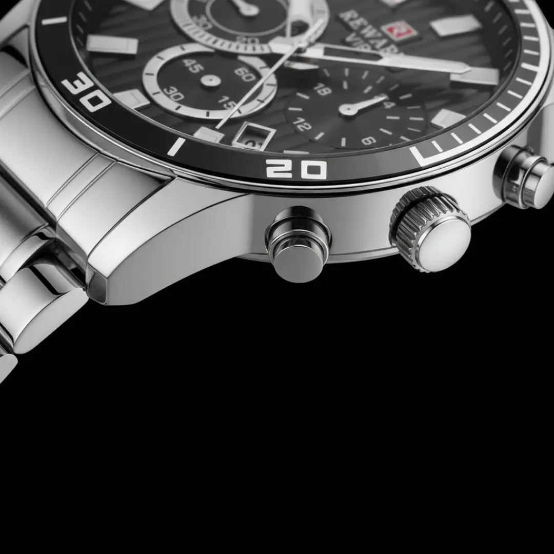 Relógio casual masculino prata com mostrador preto Reward VIP Aurion 44mm vista da coroa