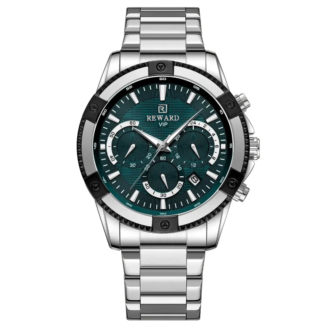 Relógio casual masculino prata com mostrador verde Reward VIP Vanguard visto de frente, com mostrador moderno e pulseira elegante.