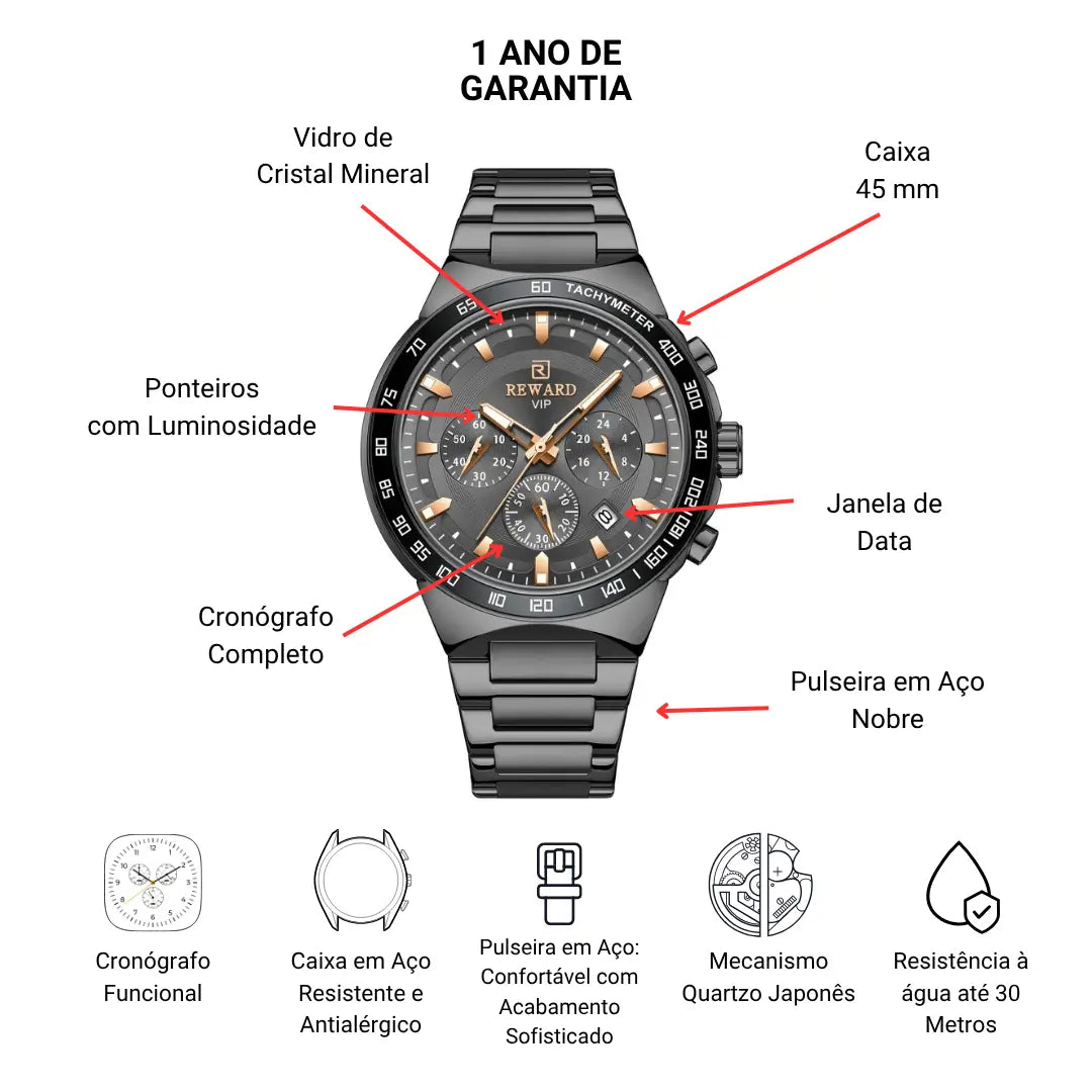 Relógio Masculino Casual Preto Magnus 45 mm