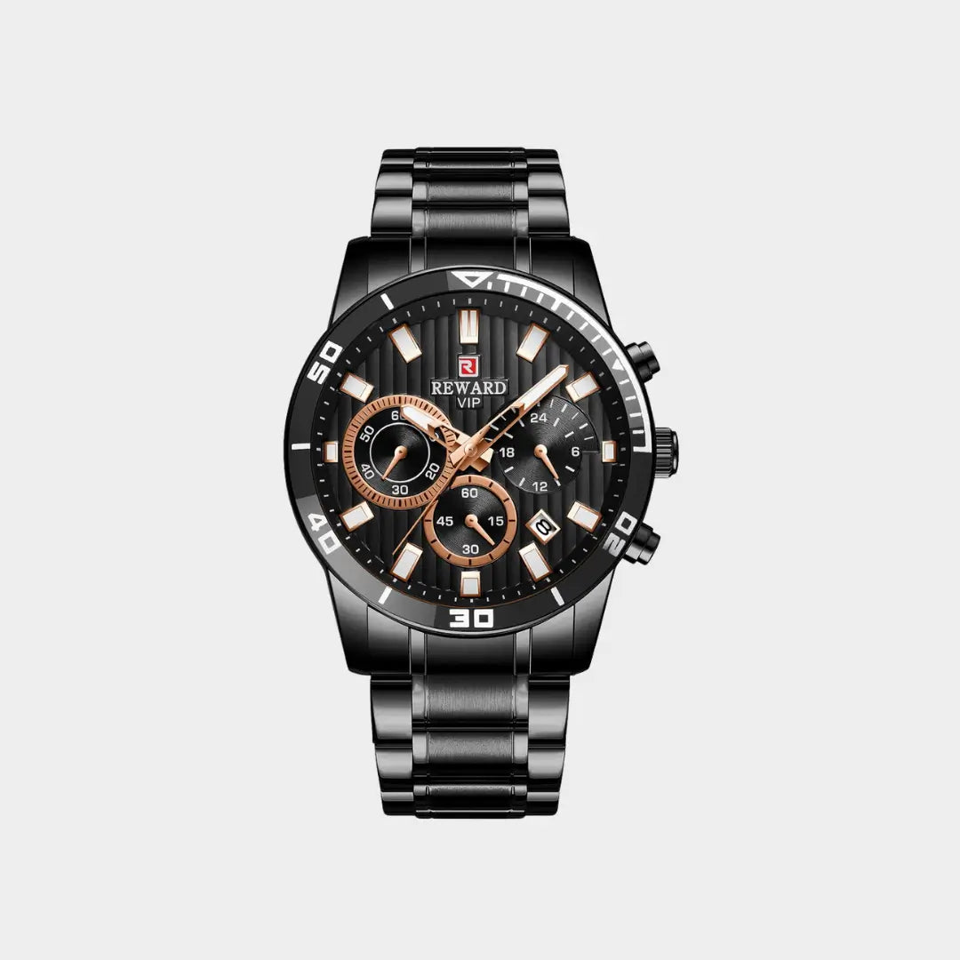 Relógio casual masculino preto com cronógrafo Reward VIP Aurion 44mm com vista frontal