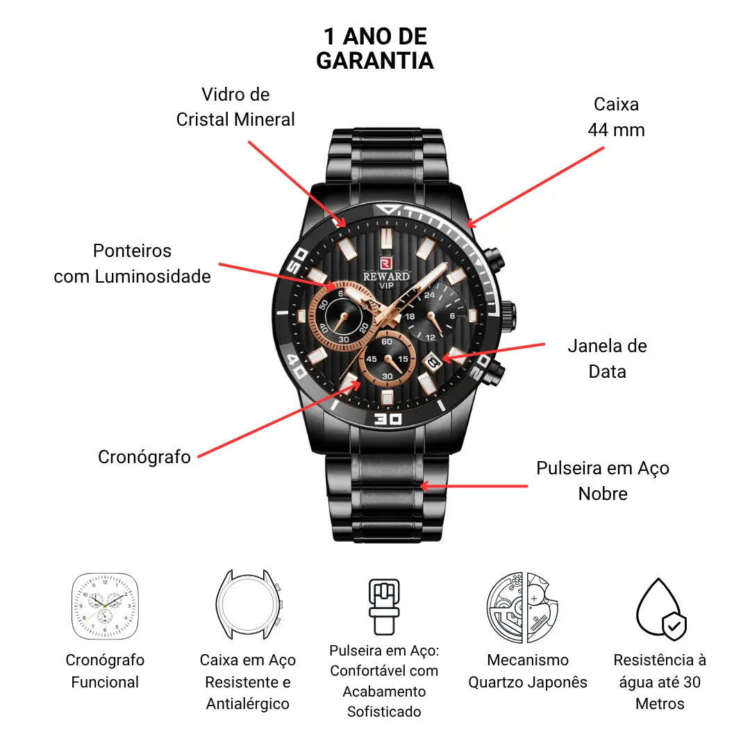 Relógio Casual Masculino Preto Aurion 44 mm