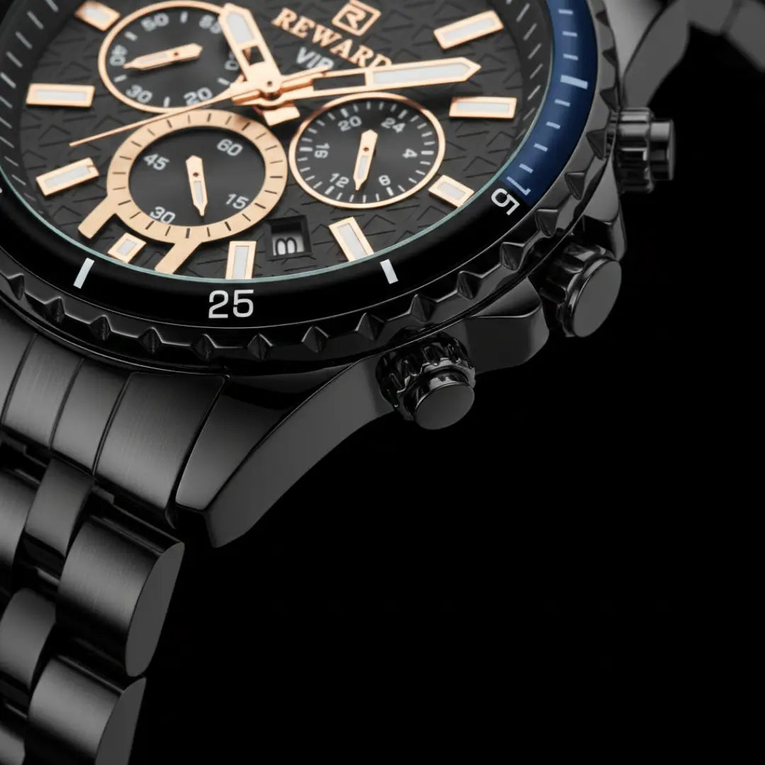 Relógio casual masculino preto com bisel canelado Reward VIP Essence 45mm vista da coroa