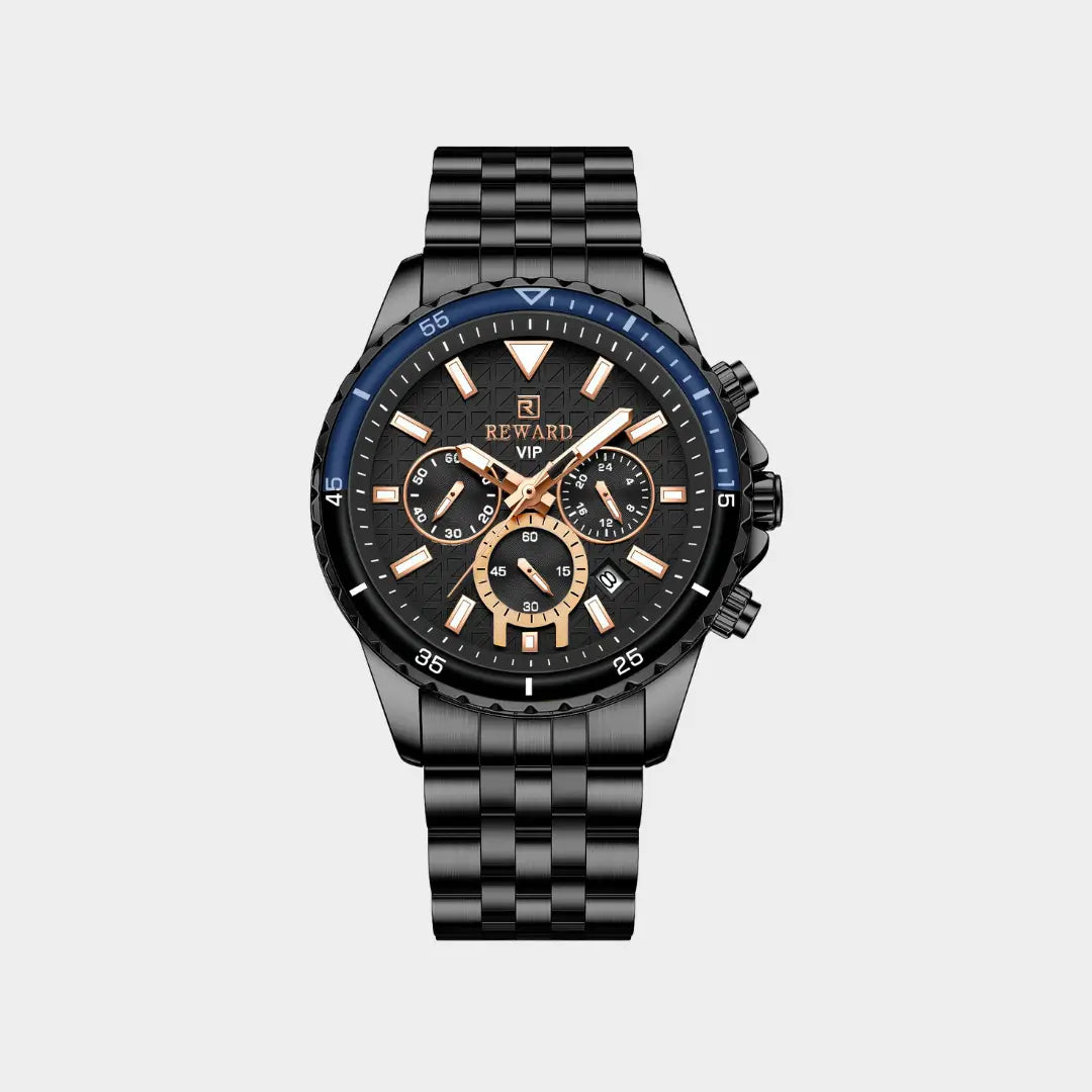 Relógio casual masculino preto com bisel canelado Reward VIP Essence 45mm vista frontal