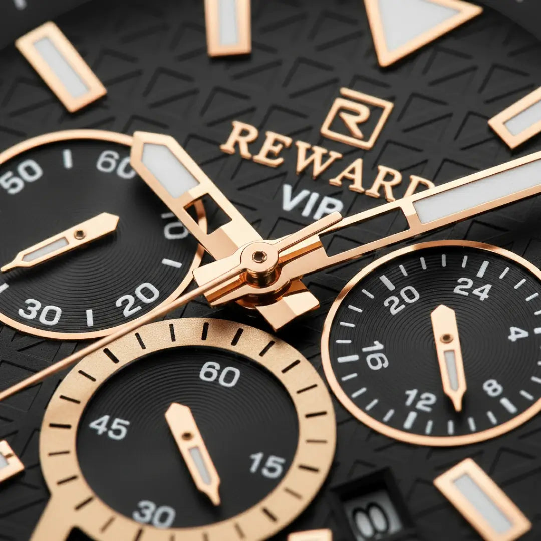 Relógio casual masculino preto Reward VIP Essence com vista do mostrador texturizado preto com detalhes em dourado
