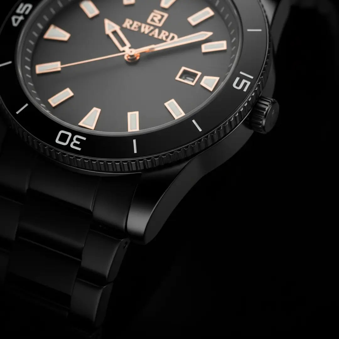 Relógio casual masculino preto Reward VIP Heritage 42mm vista da coroa e lug