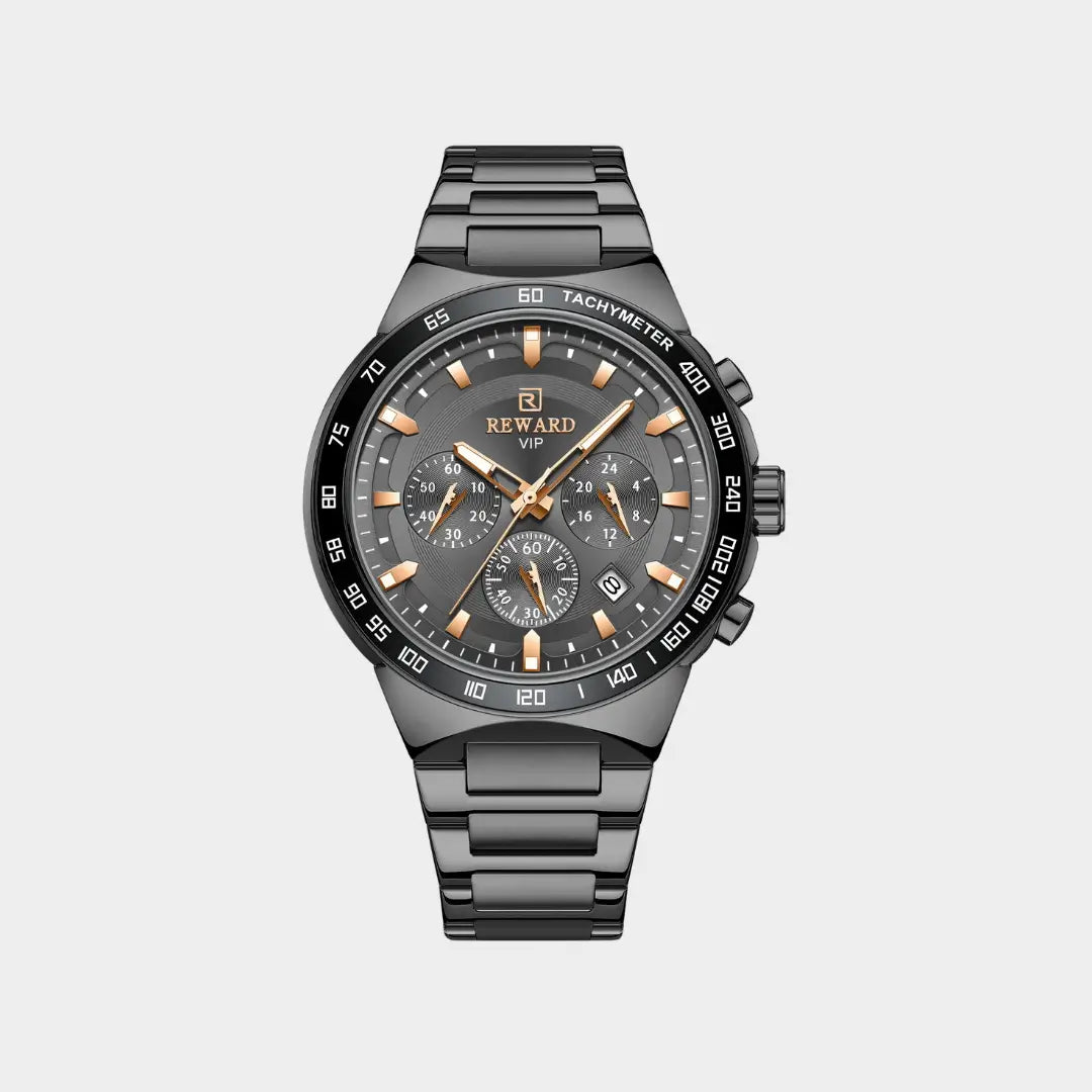 Relógio casual masculino preto 45mm com cronógrafo Reward VIP Magnus com vista frontal do modelo