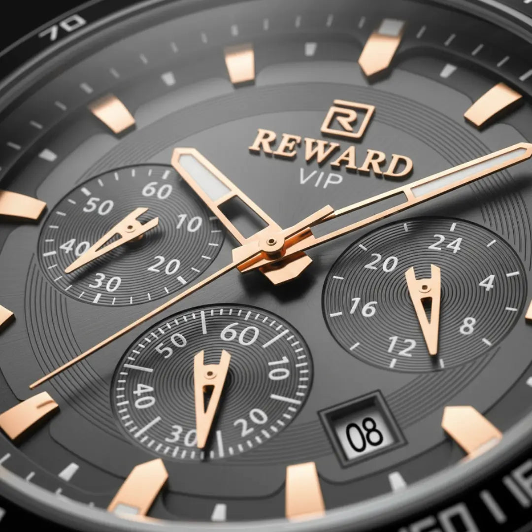 Relógio casual masculino preto Reward VIP Magnus 45mm vista do mostrador e cronógrafo