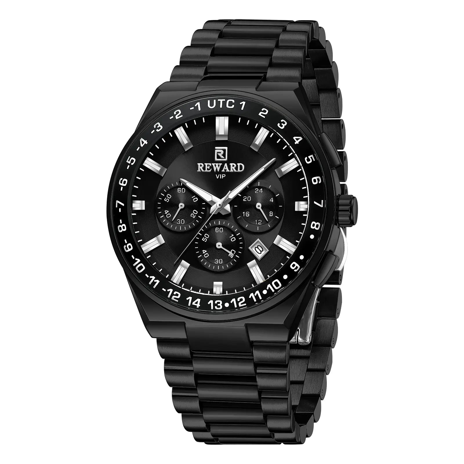 Relógio casual masculino preto Reward VIP Navigator Master 44 mm visto da lateral destacando seu bisel preto e coroa em aço
