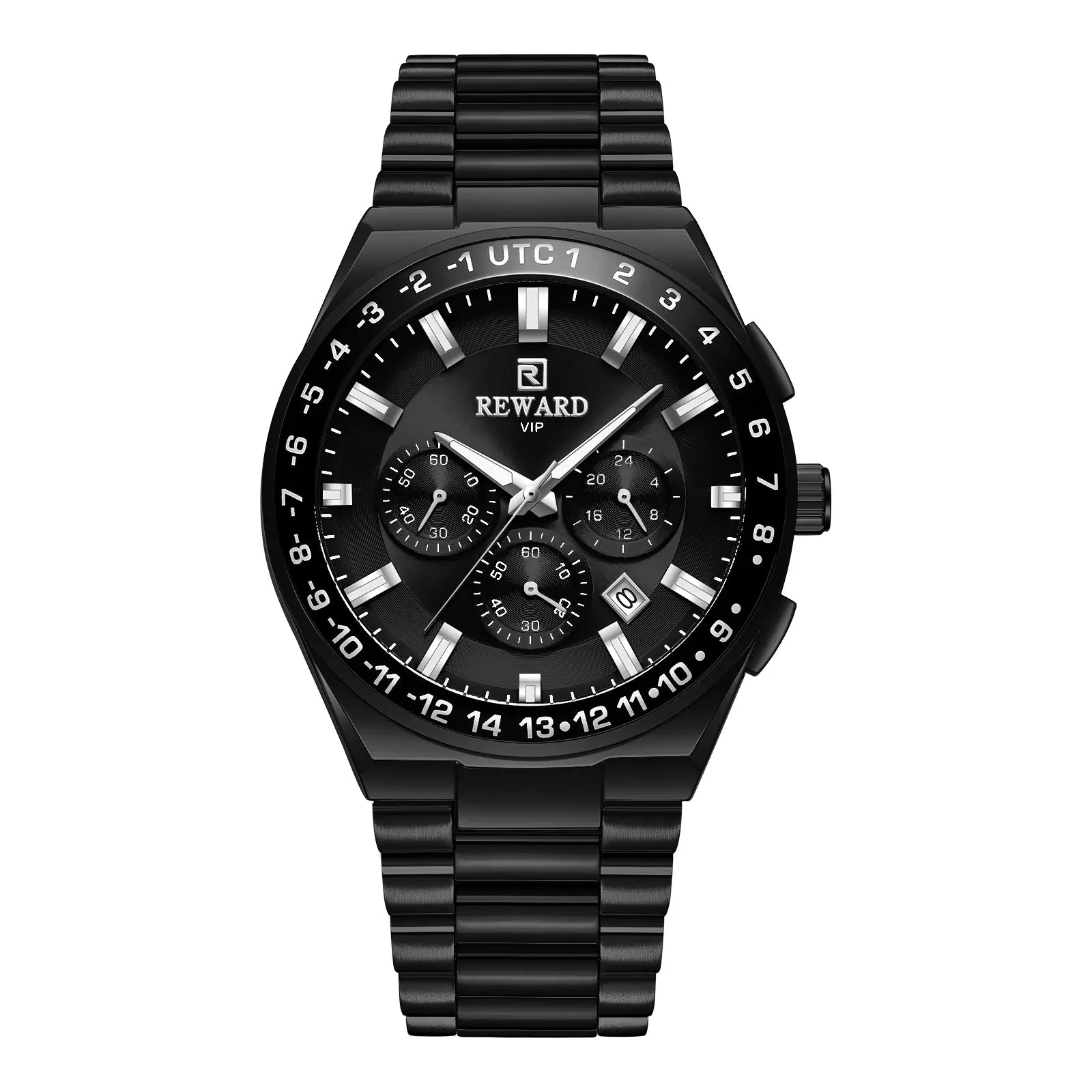Relógio casual masculino preto Reward VIP Navigator Master visto de frente destacando seu mostrador e pulseira em aço inoxidável